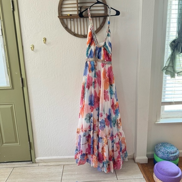 Ieena Mac Duggal 2219 Rhinestone Trim Floral Chiffon Chunky Criss Back Strap 16 - Picture 12 of 13